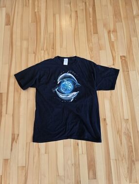 Black Graphic T-Shirt with Dolphin & Earth Print Gildan Heavy Weight Cotton L